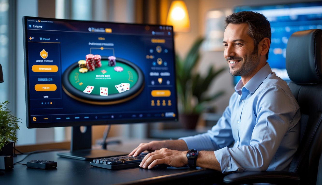 Seorang pemain dewasa duduk di depan komputer dengan tampilan permainan poker online yang jelas dan warna-warni.