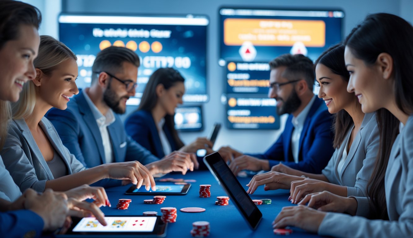 Sekelompok orang bermain poker online menggunakan tablet dan laptop dalam suasana modern dan profesional.