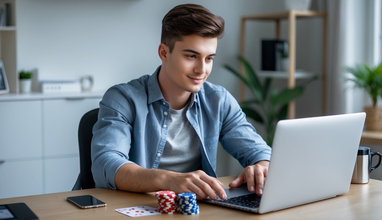 Seorang pria muda duduk di meja dengan laptop dan perlengkapan poker, bermain poker online di ruang kerja yang nyaman.