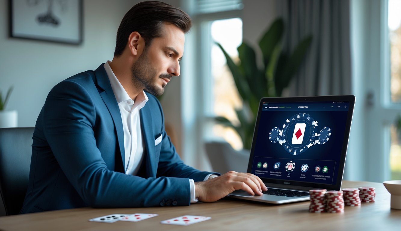 Seorang pria duduk di depan laptop di ruang kerja modern, fokus bermain poker online dengan kartu dan chip poker di meja.
