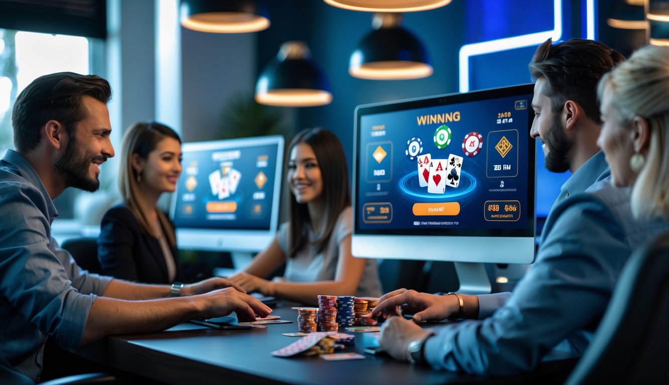 Beberapa orang dewasa sedang bermain poker online di depan komputer dengan tampilan permainan poker dan chip warna-warni di layar dalam ruangan modern.