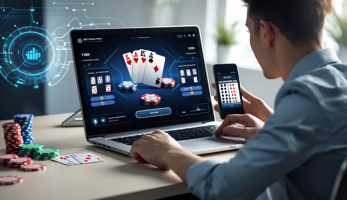 Seorang individu menggunakan laptop dengan tampilan permainan poker online, dikelilingi oleh chip poker dan kartu, di meja kerja yang rapi dengan latar belakang elemen teknologi.