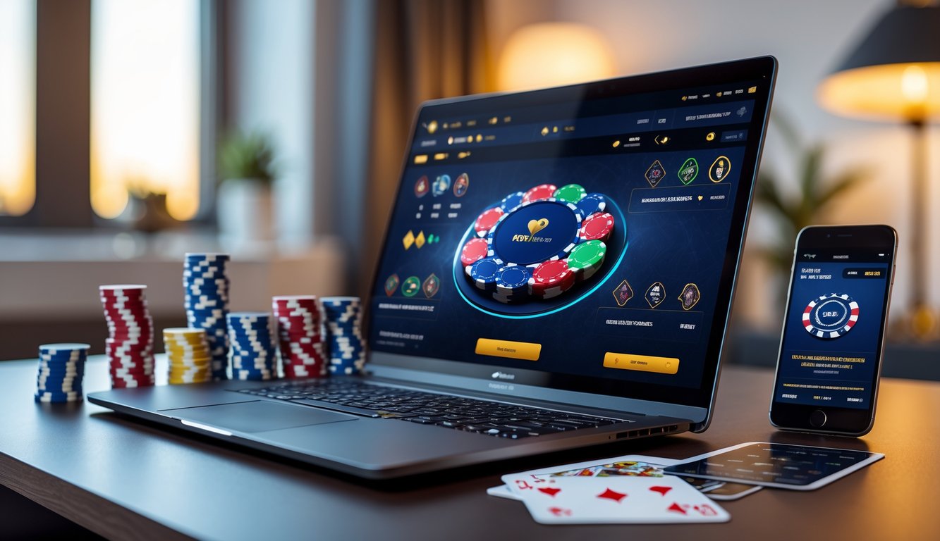 Sebuah meja dengan laptop yang menampilkan permainan poker online, dikelilingi oleh chip poker dan kartu remi, di dalam ruangan yang nyaman dan terang.