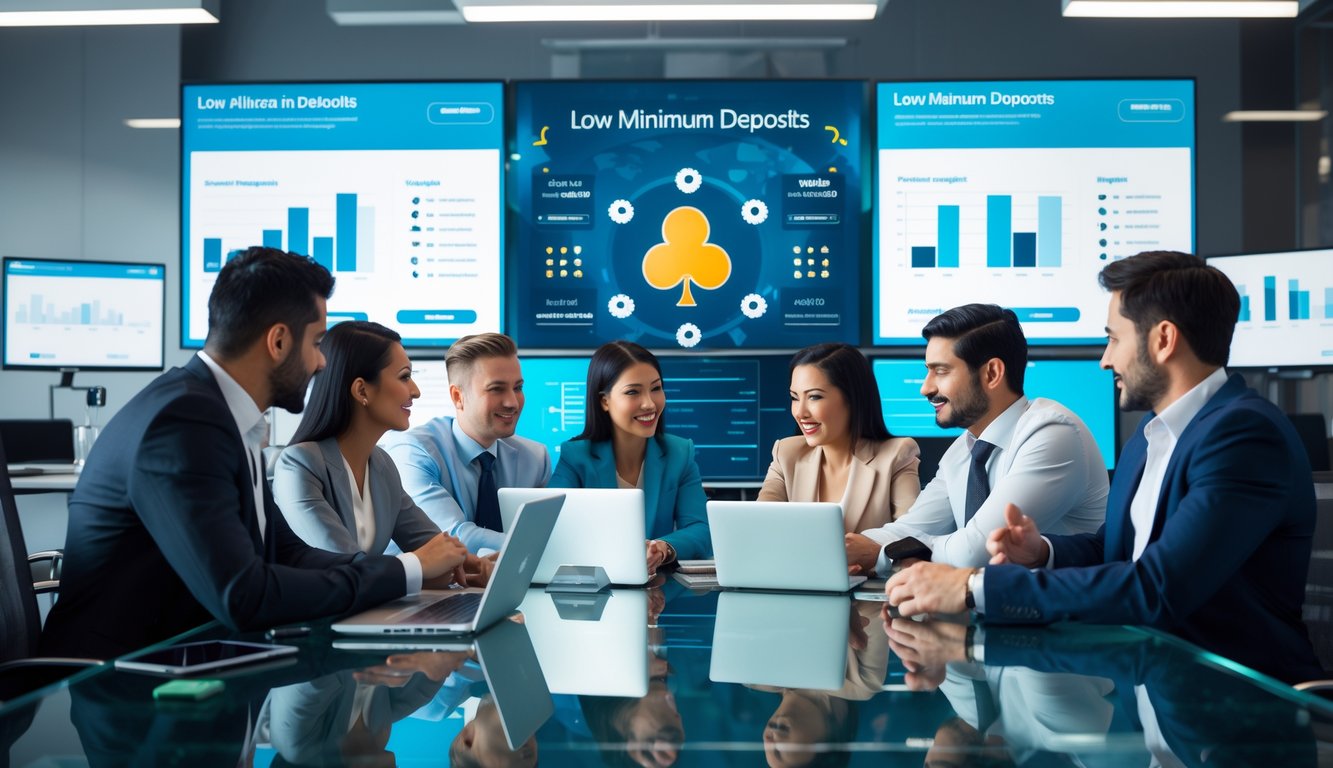 Sekelompok profesional sedang berdiskusi di kantor modern dengan laptop dan monitor yang menampilkan data terkait poker online.