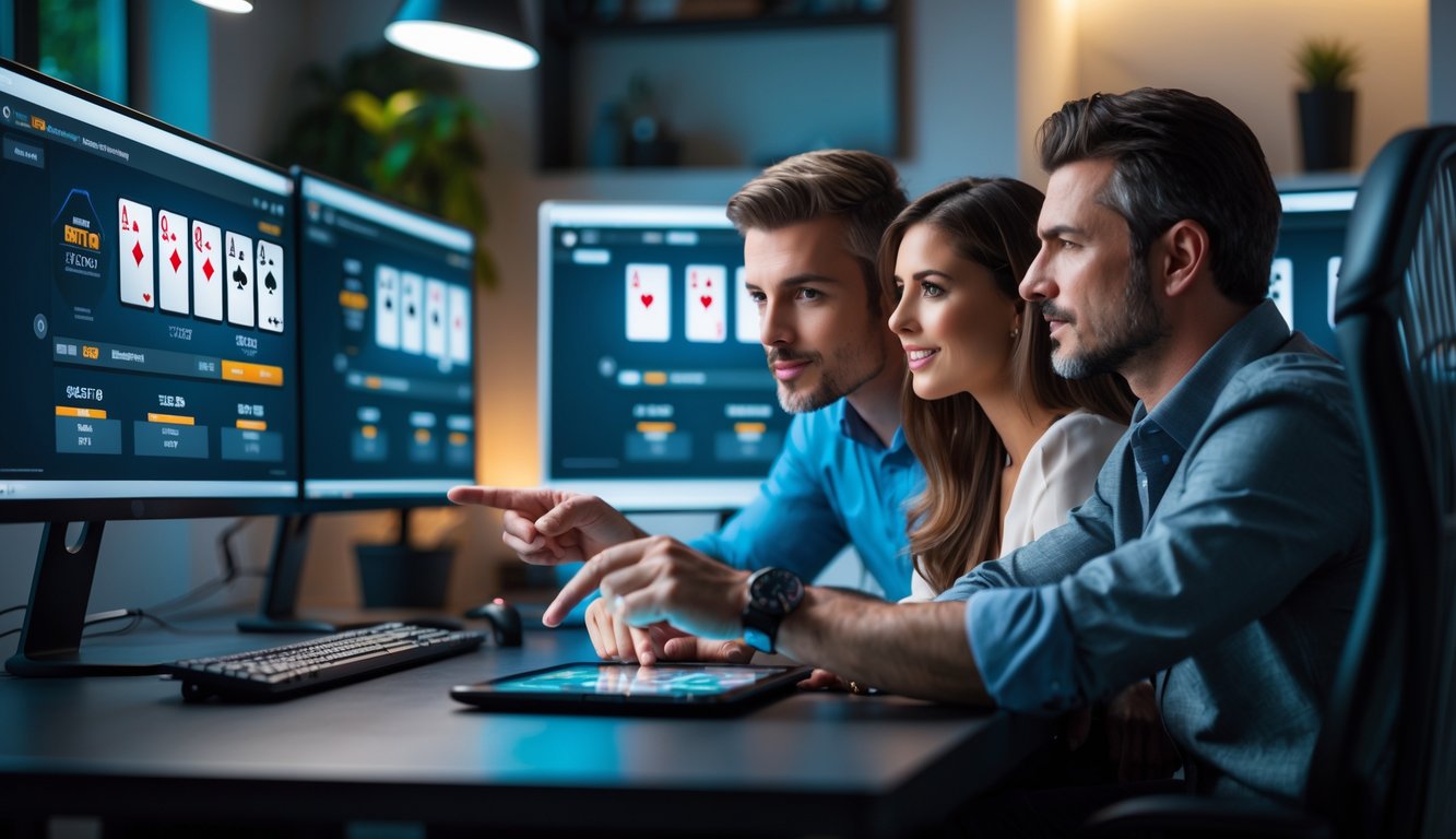 Dua orang dewasa sedang berdiskusi sambil melihat layar komputer yang menampilkan permainan poker online di sebuah ruangan modern.