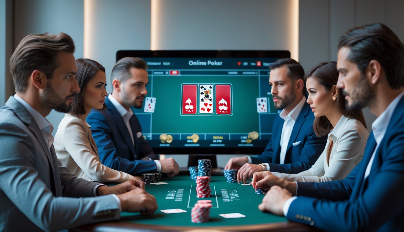 Sekelompok orang fokus bermain poker online di meja digital dengan kartu dan chip di layar besar.