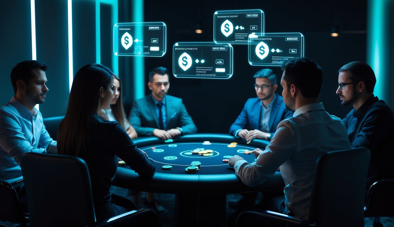 Sekelompok orang bermain poker online di meja digital dengan tampilan transaksi cepat dan aman di latar belakang.