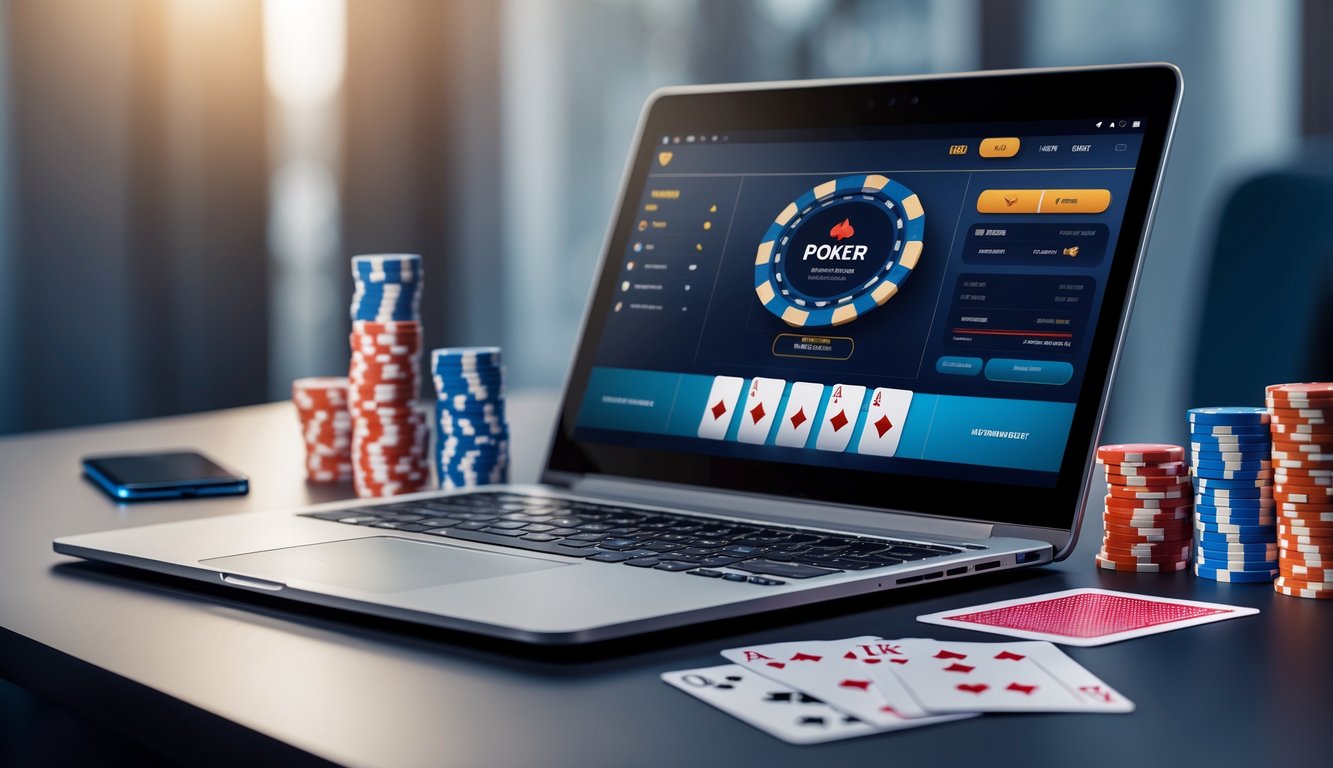 Meja dengan laptop yang menampilkan permainan poker online, dikelilingi oleh chip poker dan kartu remi.