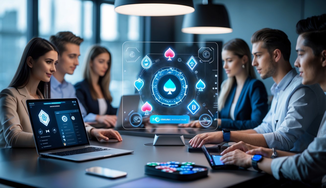 Beberapa orang muda sedang bermain poker online di perangkat digital dengan tampilan antarmuka futuristik dan chip poker holografik di latar depan.