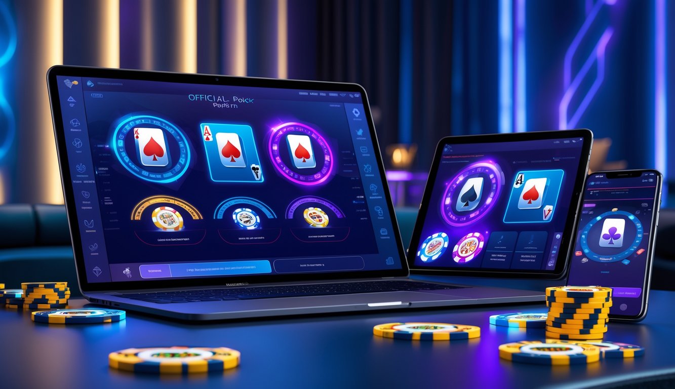 Beberapa perangkat digital menampilkan permainan poker online dengan kartu dan chip di meja poker digital dalam ruangan dengan pencahayaan biru dan ungu.