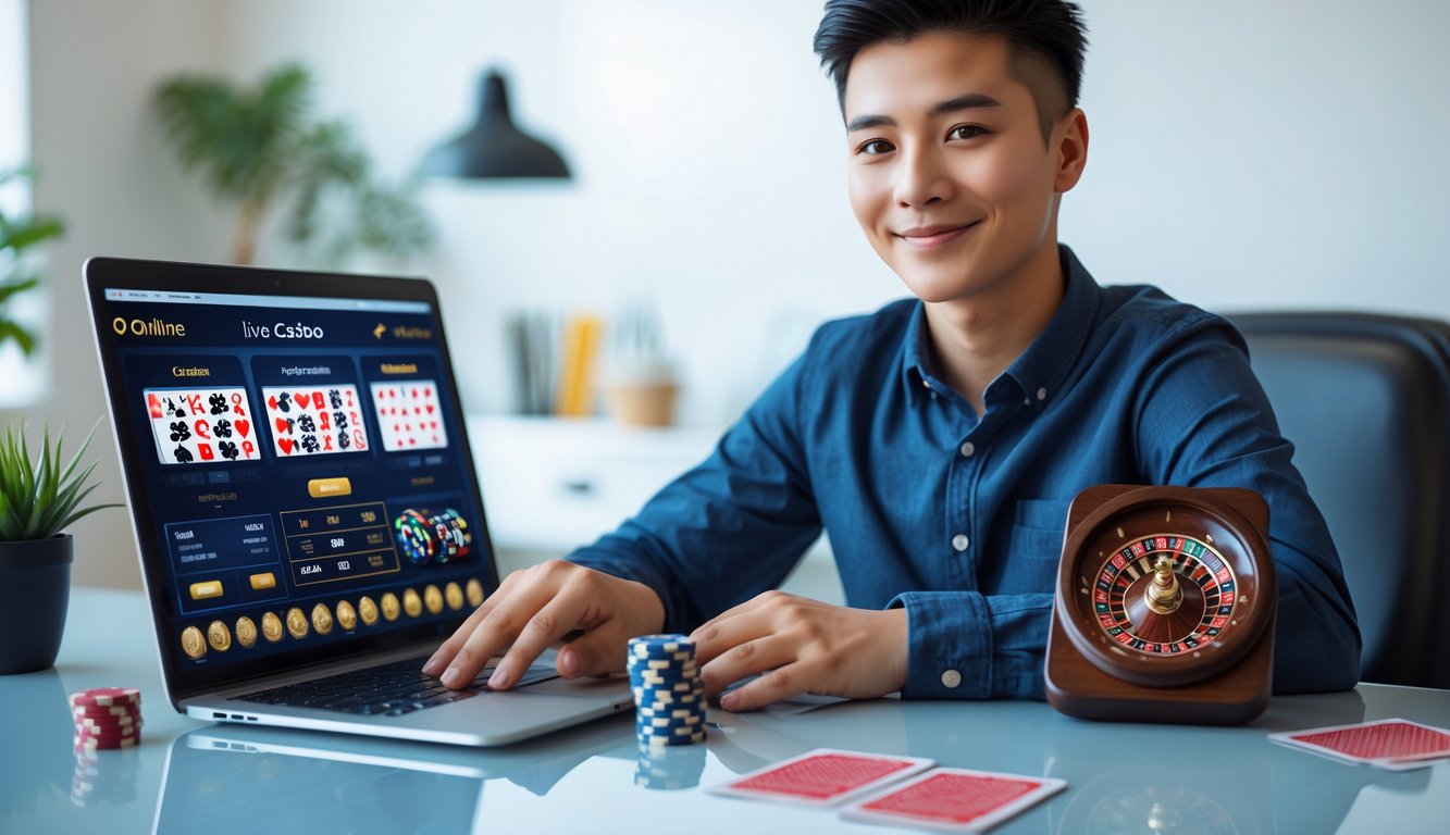 Seorang dewasa muda duduk di meja dengan laptop menampilkan permainan kasino online, dikelilingi chip kasino dan kartu remi, terlihat fokus dan tersenyum.