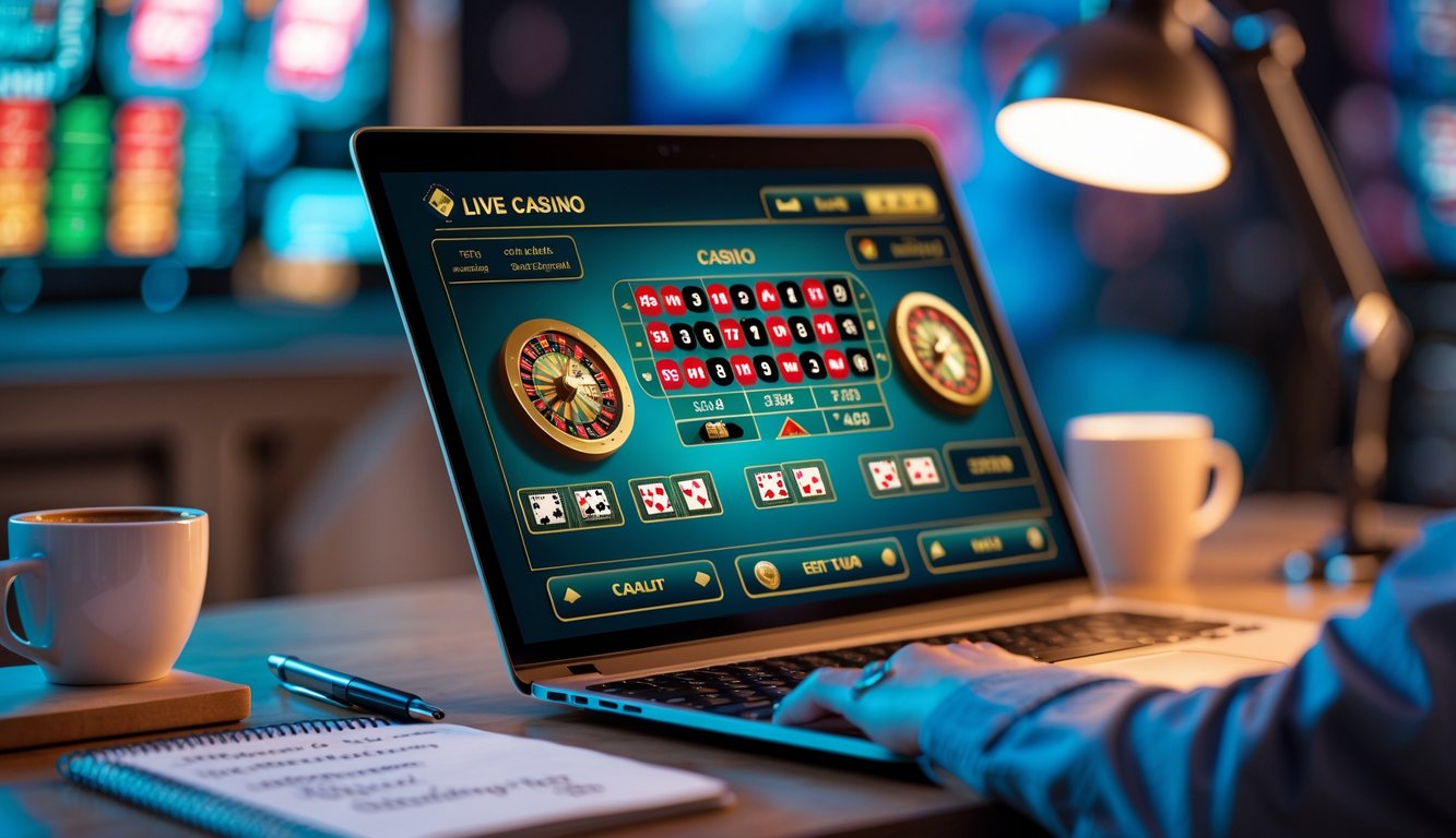 Seorang pemula sedang belajar strategi menang di live casino online dengan layar komputer menampilkan permainan kasino dan alat tulis di meja.