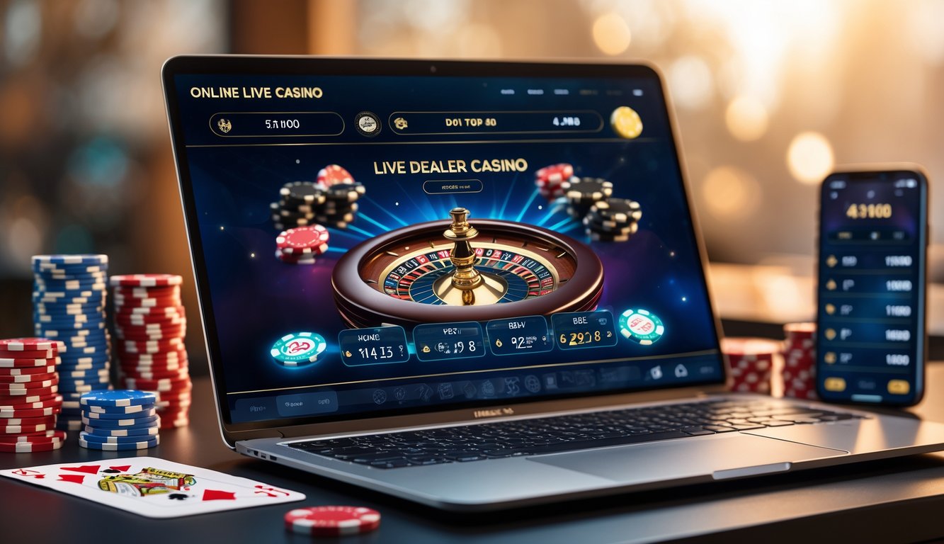 Seorang pemain menggunakan laptop dengan tampilan permainan kasino langsung, dikelilingi oleh chip poker dan kartu remi.