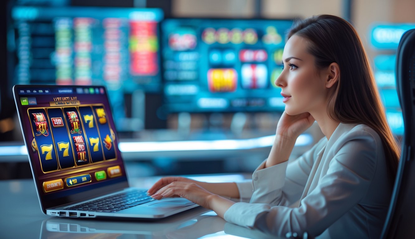 Seorang wanita duduk di depan laptop yang menampilkan permainan kasino online, tampak fokus dan memikirkan pilihan dengan latar belakang teknologi modern.