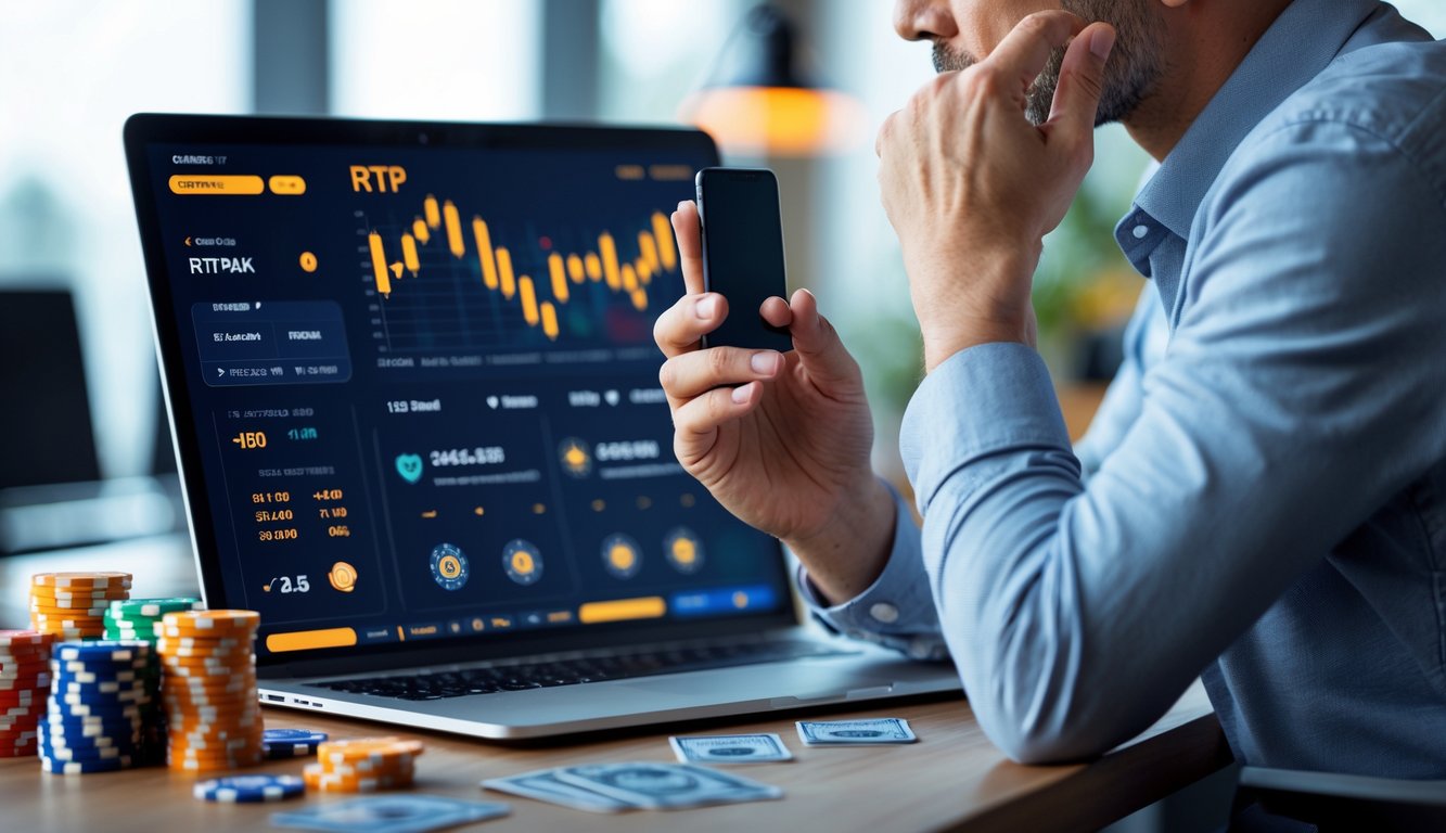 Seorang dewasa sedang menganalisis data RTP pada layar komputer di ruang kerja yang rapi dengan elemen terkait kasino online di sekitarnya.