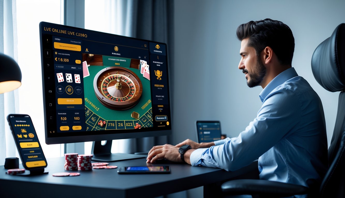 Seseorang sedang bermain permainan kasino langsung online di sebuah ruang kerja modern dengan monitor besar menampilkan permainan roulette dan kartu.