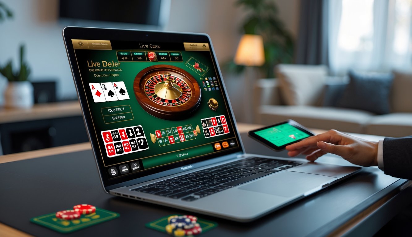 Seorang pemain sedang menggunakan komputer untuk bermain live casino online dengan dealer langsung dan meja permainan terlihat di layar.