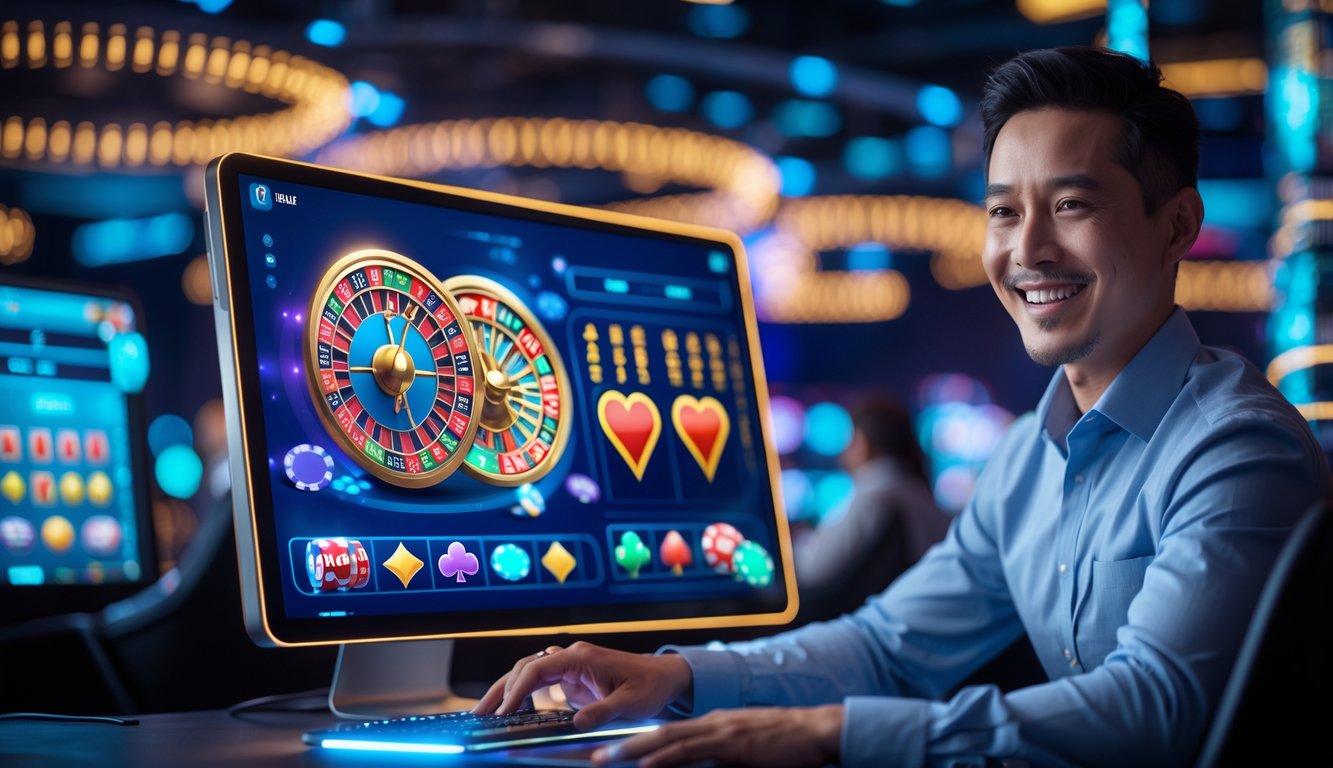 Seorang pemain dewasa yang percaya diri duduk di depan layar komputer dengan grafik permainan kasino online yang cerah dan suasana teknologi tinggi.