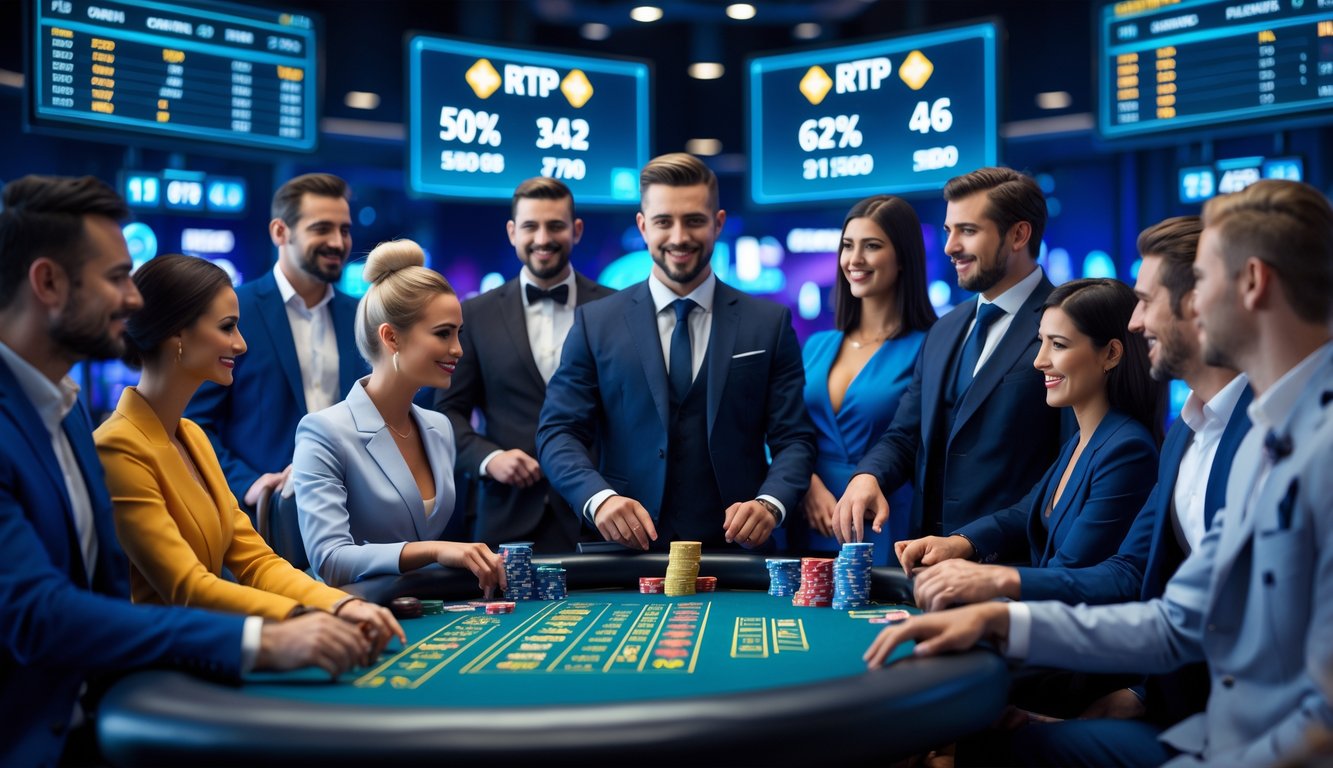 Seorang dealer profesional dan pemain sedang bermain di meja kasino live dengan layar digital menampilkan data statistik di latar belakang.