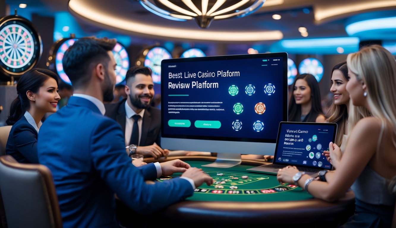 Orang-orang yang menggunakan platform kasino online langsung di laptop dan tablet di lingkungan kasino modern dengan elemen kasino seperti roda roulette dan chip poker di latar belakang.