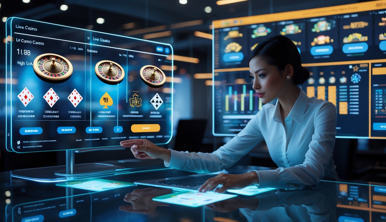 Seseorang sedang menggunakan layar sentuh digital dengan tampilan permainan kasino langsung dan grafik statistik di lingkungan kantor modern.
