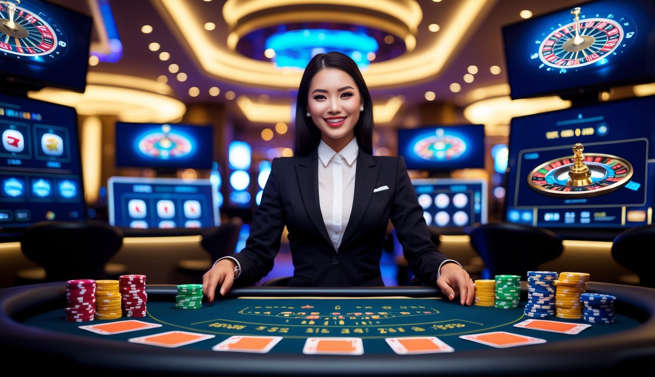 Seorang dealer profesional di meja kasino langsung dengan chip dan kartu, dikelilingi layar yang menampilkan permainan kasino online.