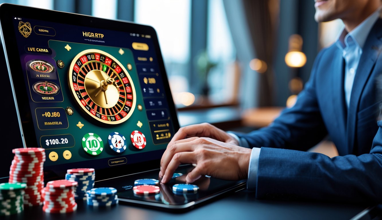 Seorang pemain menggunakan perangkat digital dengan tampilan permainan kasino online dan elemen kasino seperti roda roulette dan kartu.