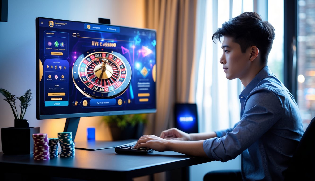 Seorang pemuda duduk di depan komputer dengan tampilan permainan kasino langsung di layar, dikelilingi oleh chip poker dan kartu remi.