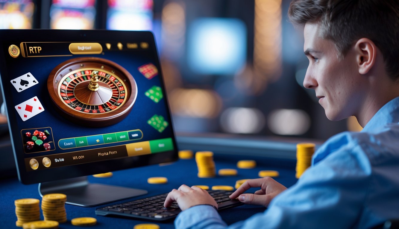 Seorang pemain muda fokus bermain permainan kasino langsung di komputer dengan layar menampilkan kartu dan roda roulette.