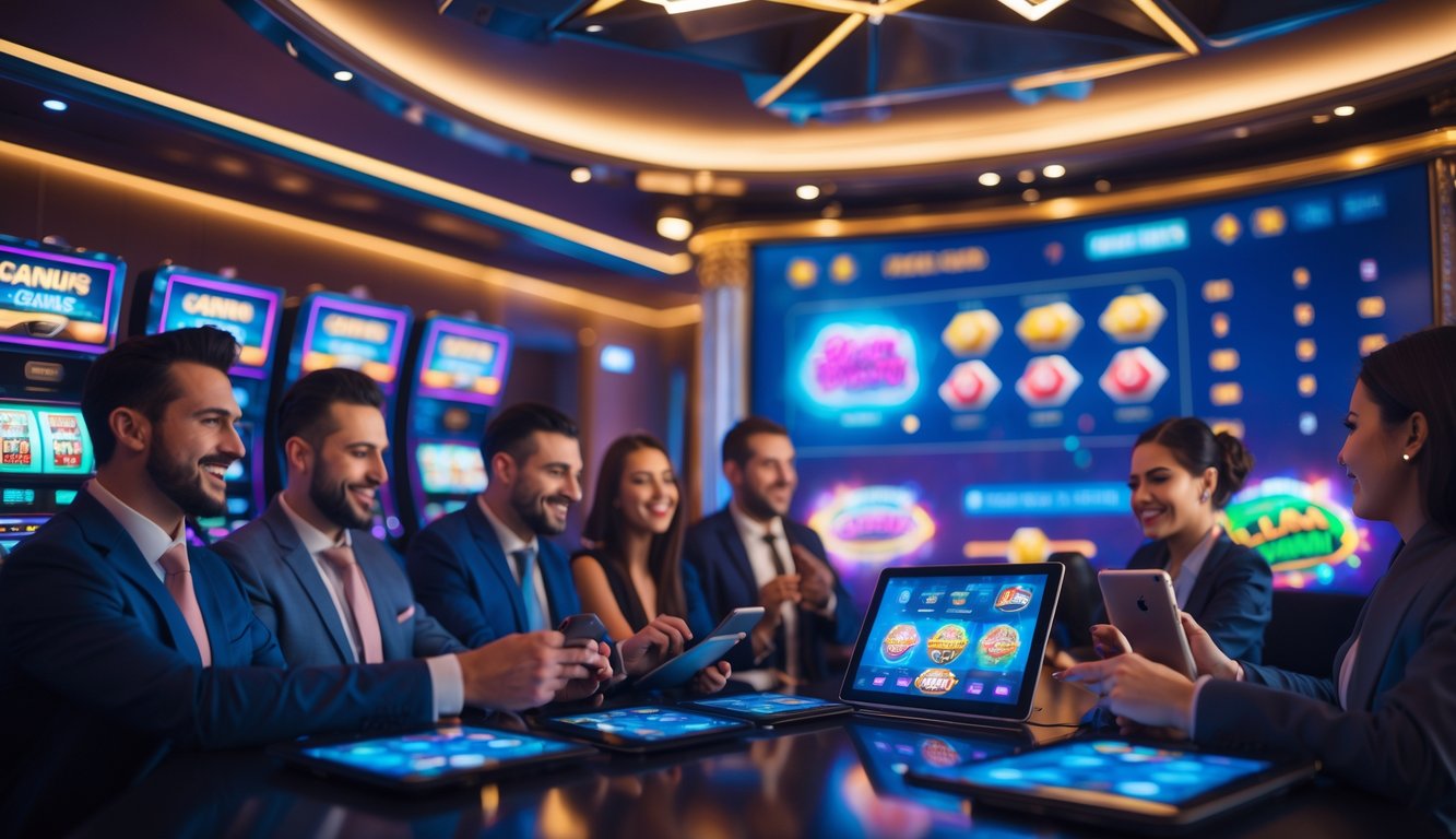 Beberapa orang bermain permainan kasino online di lingkungan kasino yang modern dan mewah dengan layar besar menampilkan mesin slot dan jackpot.