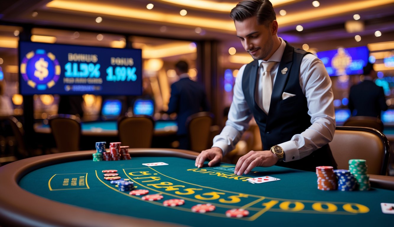 Suasana kasino langsung dengan dealer di meja permainan dan chip poker, menampilkan suasana antusias dan profesional terkait bonus dan jackpot.
