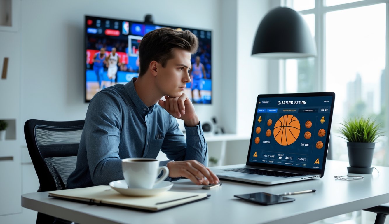 Seorang pria muda sedang duduk di meja dengan laptop dan menonton pertandingan NBA di televisi, fokus mempelajari strategi taruhan kuarter NBA.