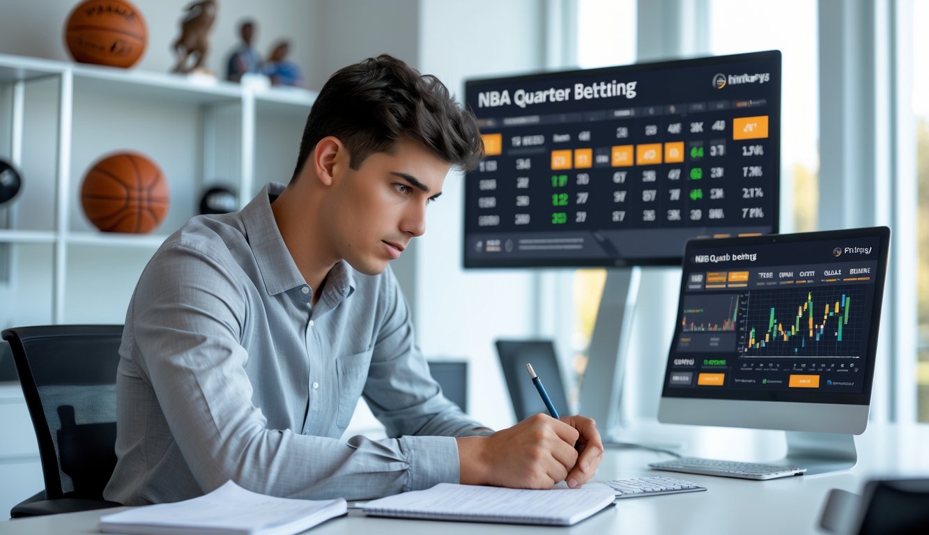 Seorang pria muda sedang duduk di meja dengan beberapa layar menampilkan statistik dan skor kuarter NBA, sambil mencatat strategi taruhan.