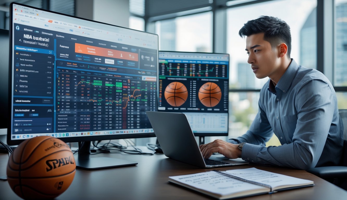 Seorang pria muda fokus menganalisis statistik pertandingan NBA di kantor modern dengan layar komputer dan bola basket di meja.