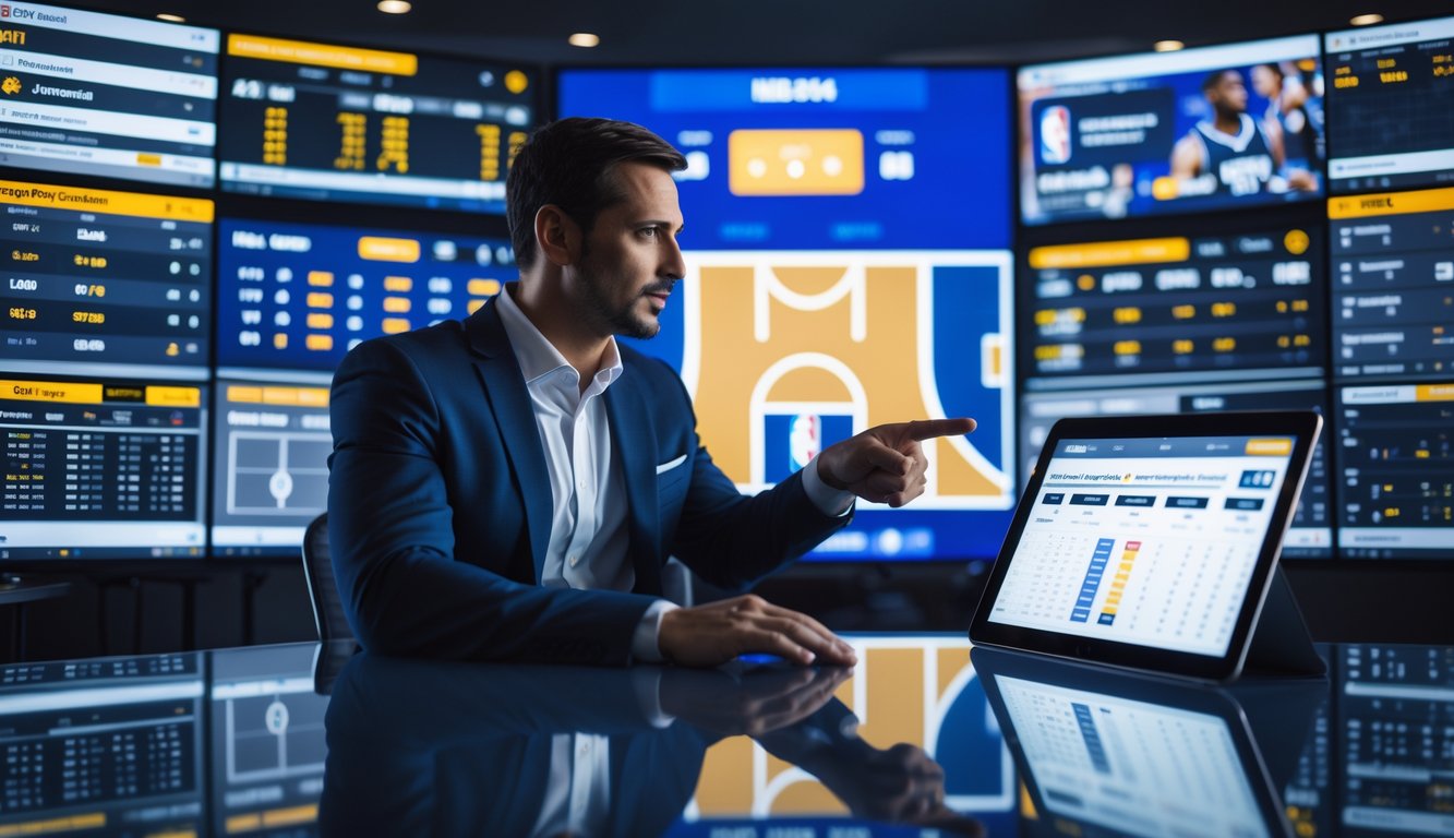 Seorang analis olahraga di kantor modern dengan layar besar menampilkan statistik dan grafik taruhan poin NBA.