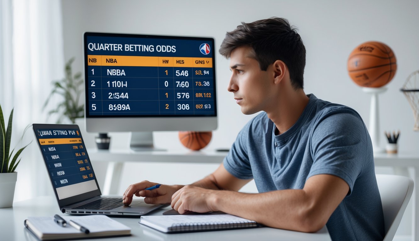 Seorang pria muda duduk di meja dengan laptop, menganalisis statistik dan peluang taruhan kuarter NBA di ruang kerja rumah yang terang dan rapi.