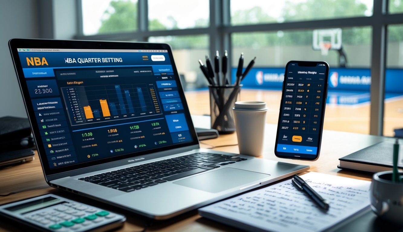 Meja kerja dengan laptop, smartphone, dan buku catatan yang menunjukkan aktivitas taruhan NBA quarter dengan modal kecil.