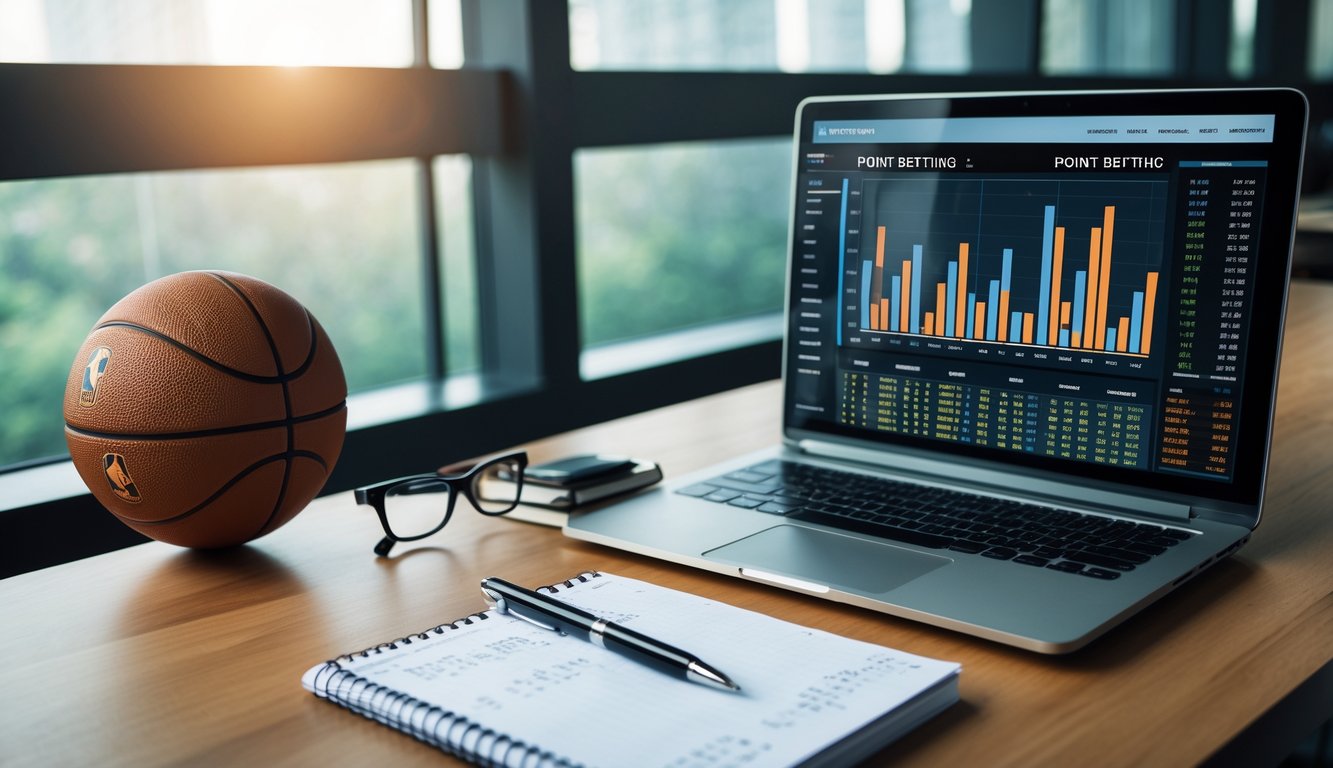 Meja kerja dengan laptop yang menampilkan statistik bola basket, notepad dengan catatan, bola basket, dan kacamata di atas meja kayu dengan cahaya alami dari jendela.