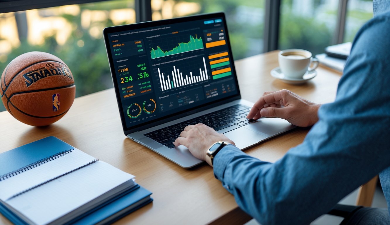 Meja kerja dengan laptop menampilkan grafik statistik NBA, bola basket, kalkulator, dan buku analisis taruhan.