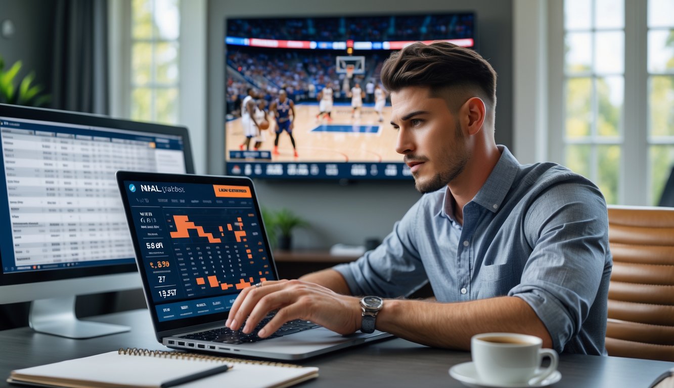 Seorang pria muda duduk di meja dengan laptop, melihat statistik dan pertandingan NBA di layar televisi di ruang kerja rumah.