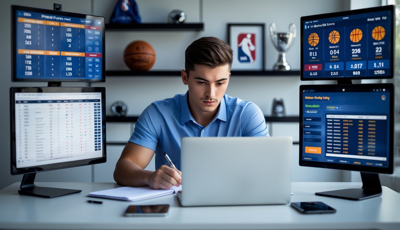 Seorang pria muda fokus duduk di meja dengan beberapa layar yang menampilkan statistik dan skor kuarter NBA serta peluang taruhan, sedang menganalisis data dan mencatat di ruang kerja modern.