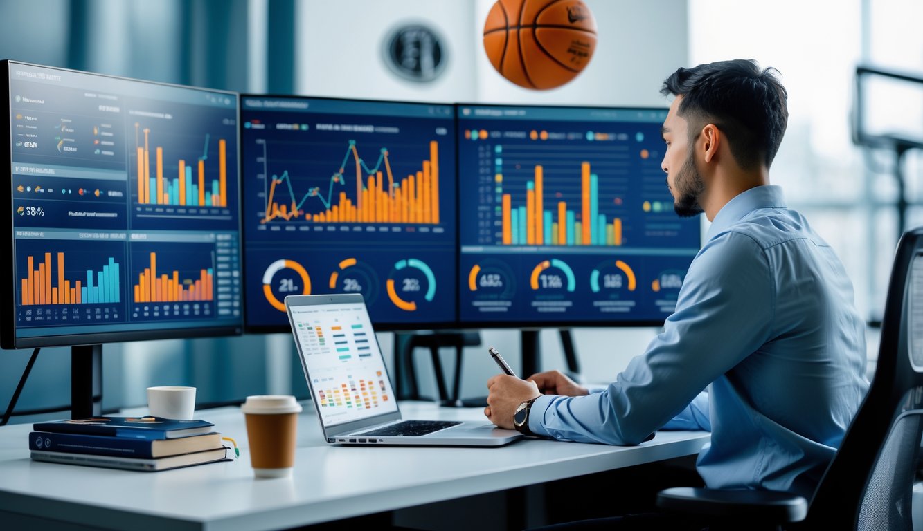 Seorang pria sedang menganalisis data statistik taruhan poin NBA di depan beberapa monitor dengan grafik dan data pemain NBA.