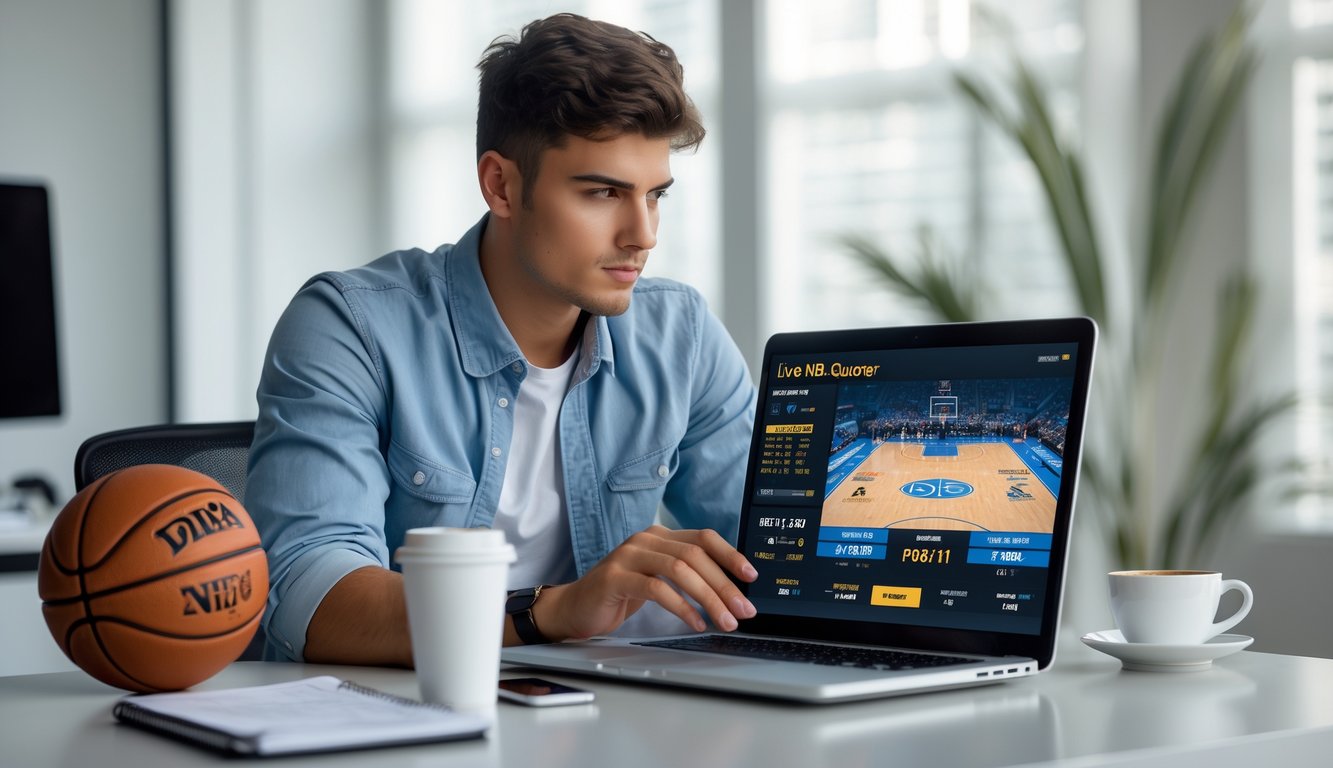 Seorang pria muda duduk di meja dengan laptop yang menampilkan pertandingan basket NBA secara langsung, di sekitarnya terdapat ponsel dan catatan taruhan.