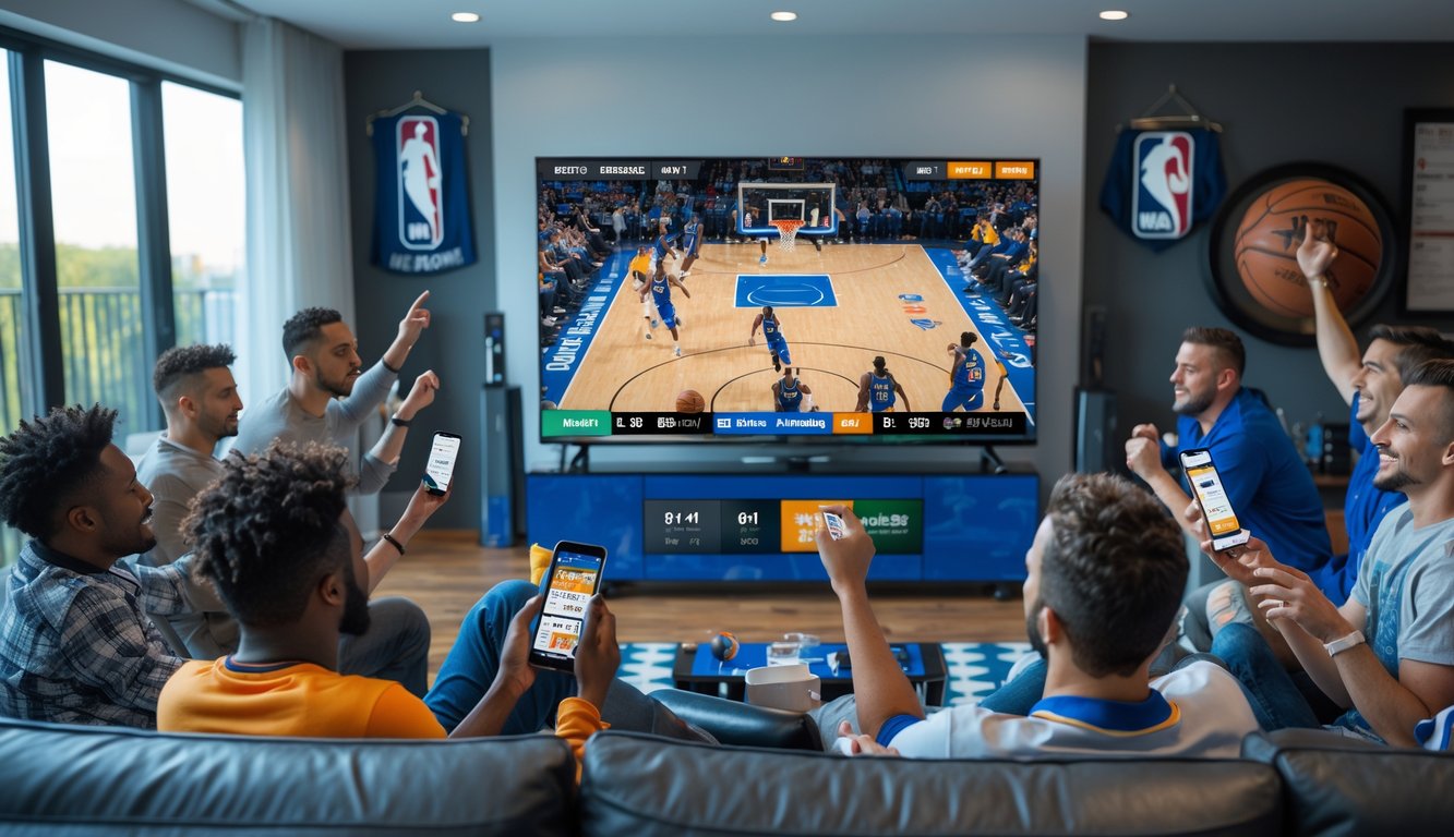 Sekelompok penggemar bola basket menonton pertandingan NBA secara langsung di ruang tamu sambil menggunakan perangkat digital untuk taruhan waktu kuarter.