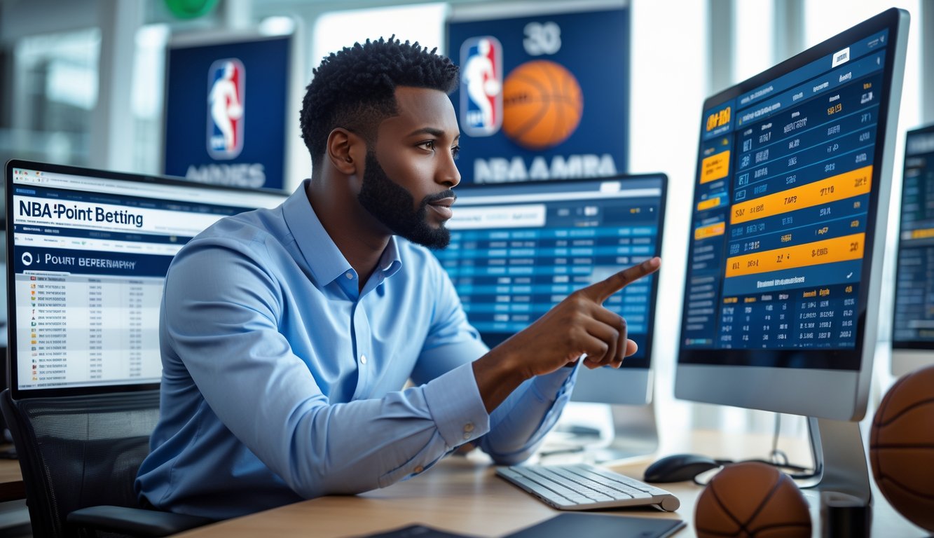 Seorang pria sedang menganalisis data taruhan poin NBA di kantor modern dengan beberapa layar komputer yang menampilkan statistik dan grafik terkait NBA.
