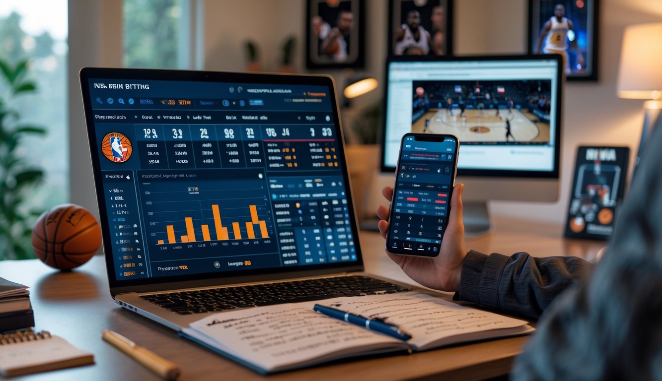 Meja kerja dengan laptop yang menampilkan statistik NBA, notepad dengan catatan, dan ponsel yang menunjukkan pertandingan NBA secara langsung.