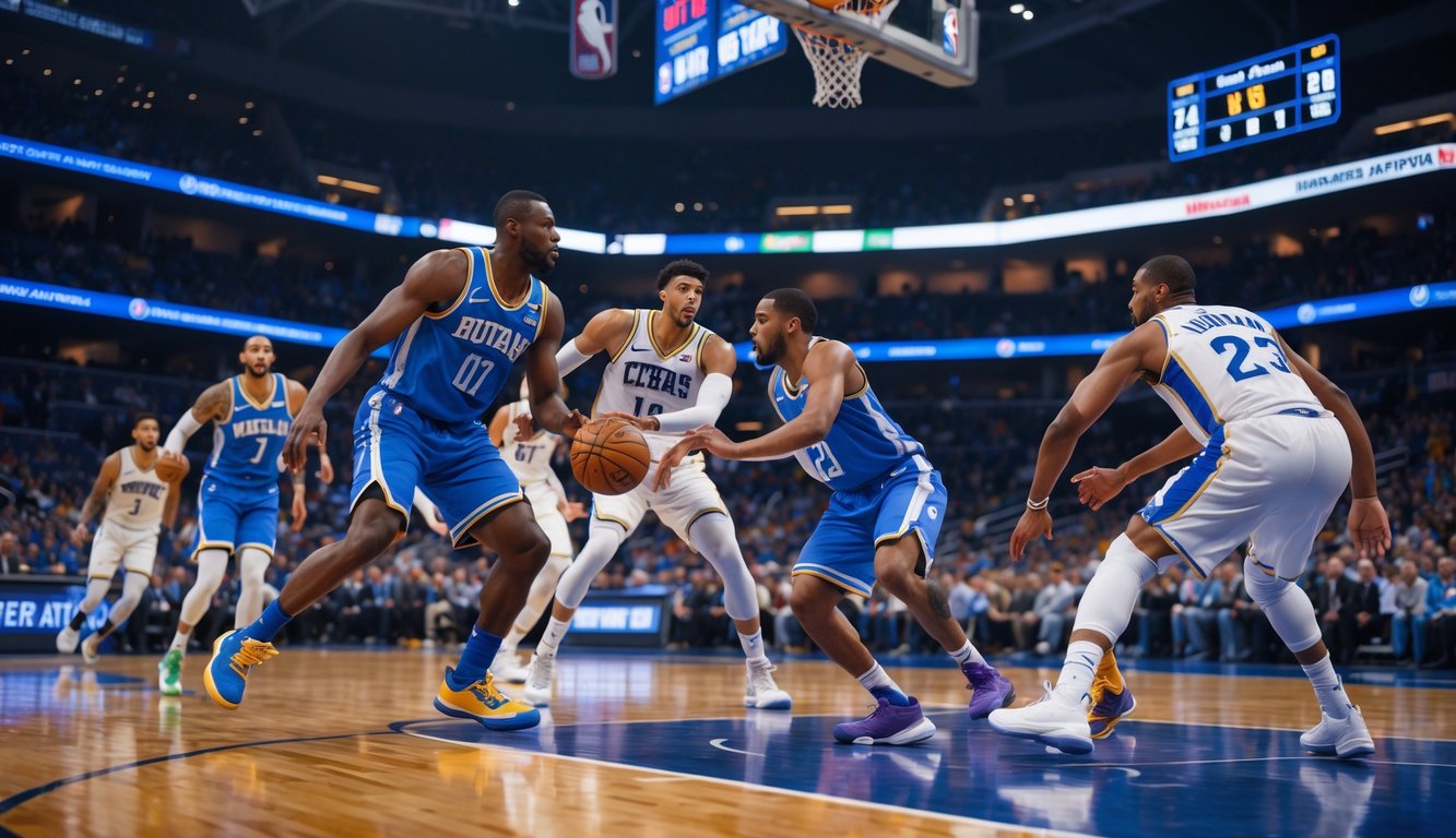 Pertandingan NBA yang intens di lapangan dalam ruangan dengan pemain yang sedang bermain dan penonton di tribun.