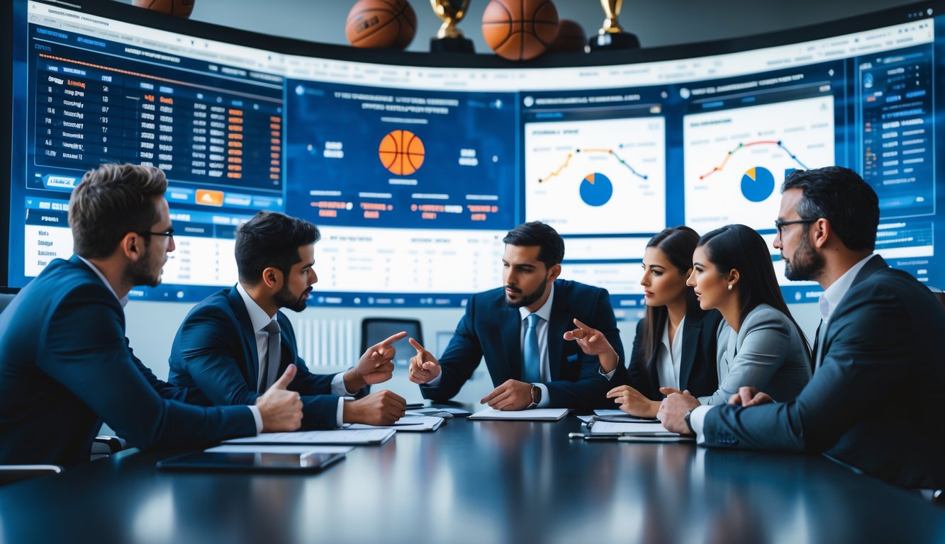 Sekelompok analis olahraga sedang berdiskusi di ruang konferensi dengan layar besar yang menampilkan statistik dan skor kuarter NBA.