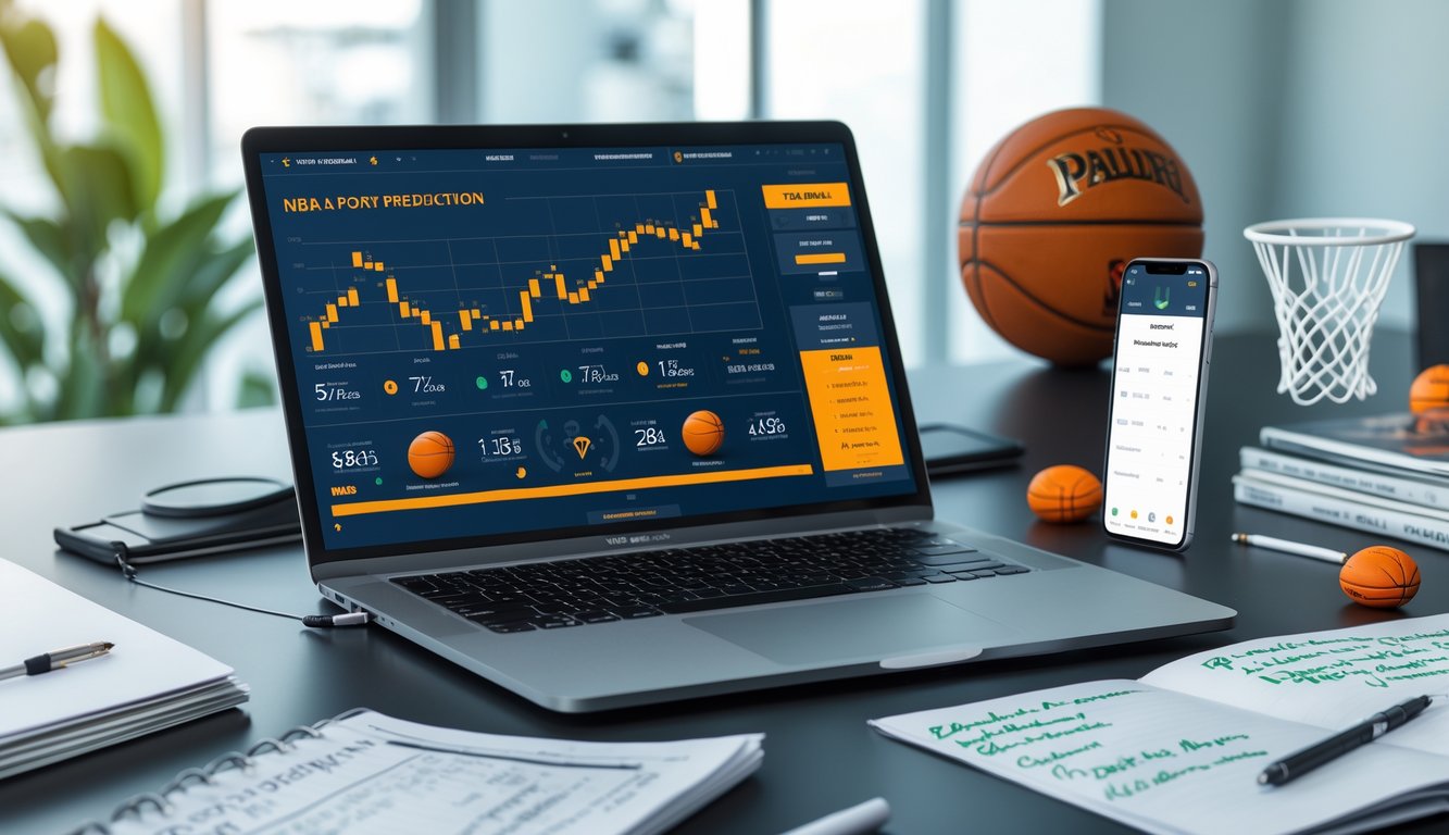Meja kerja dengan laptop, ponsel, dan catatan yang menampilkan statistik dan prediksi poin NBA serta alat taruhan.