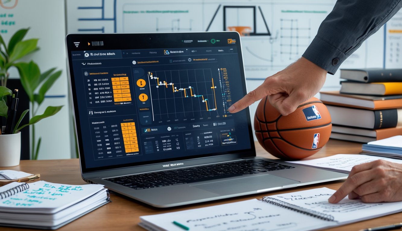 Meja kerja dengan laptop yang menampilkan statistik bola basket, bola basket di sampingnya, dan tangan menunjuk layar laptop.